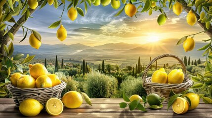 a picturesque citrus grove with baskets of ripe lemons and limes ready to be juiced into a refreshing citrus blend.