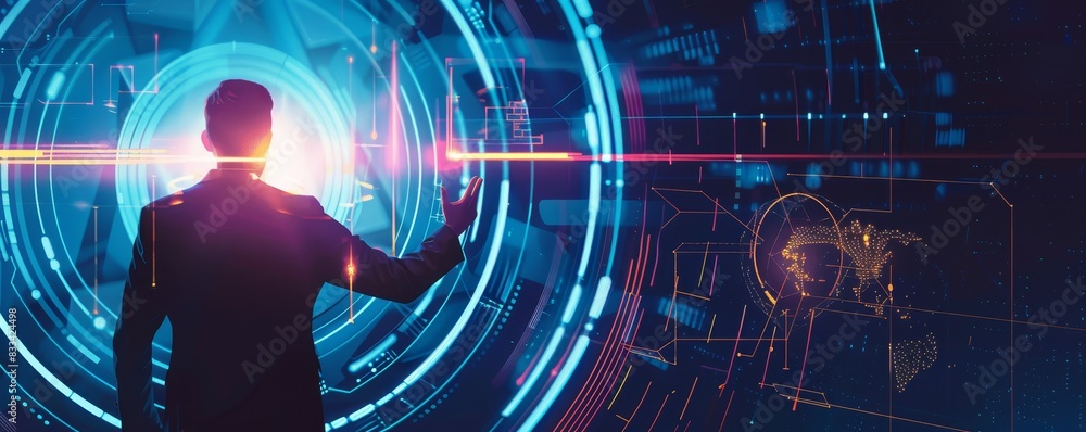 Poster a man interacting with a futuristic virtual interface, surrounded by glowing digital elements and ho