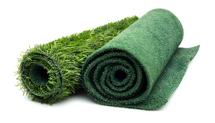 Green artificial turf rolled. Probes examples of artificial turf, floor coverings for playgrounds