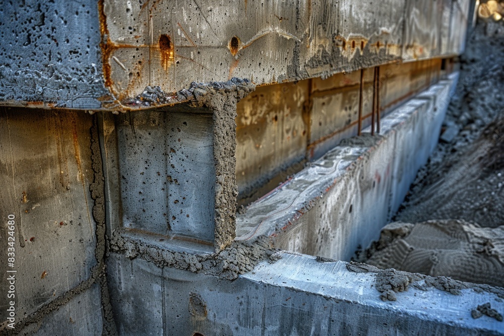 Poster a close-up shot of a building under construction with scaffolding and concrete blocks