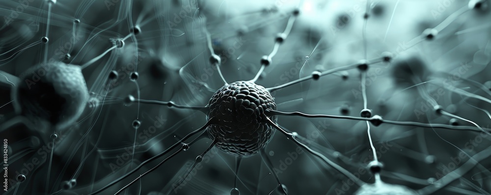 Poster abstract 3d network of connected nodes and spheres, representing neural networks, connections, and t