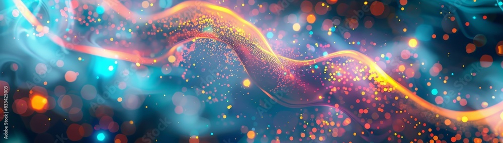 Poster abstract digital art depicting a vibrant and colorful energy wave with glowing particles and light t