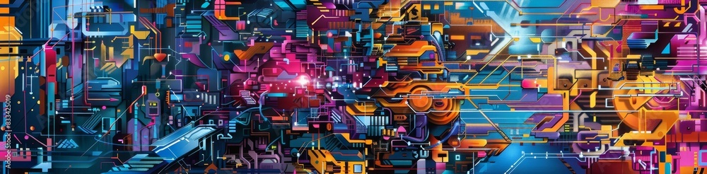 Poster abstract digital art with vibrant colors and futuristic elements, showing a complex blend of shapes,