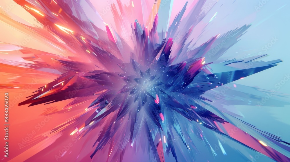 Poster abstract digital art with vibrant colors and a dynamic, explosive composition of sharp, crystalline 
