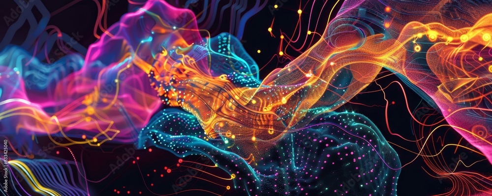 Poster abstract digital art with vibrant colors and organic shapes, creating a dynamic and mesmerizing visu