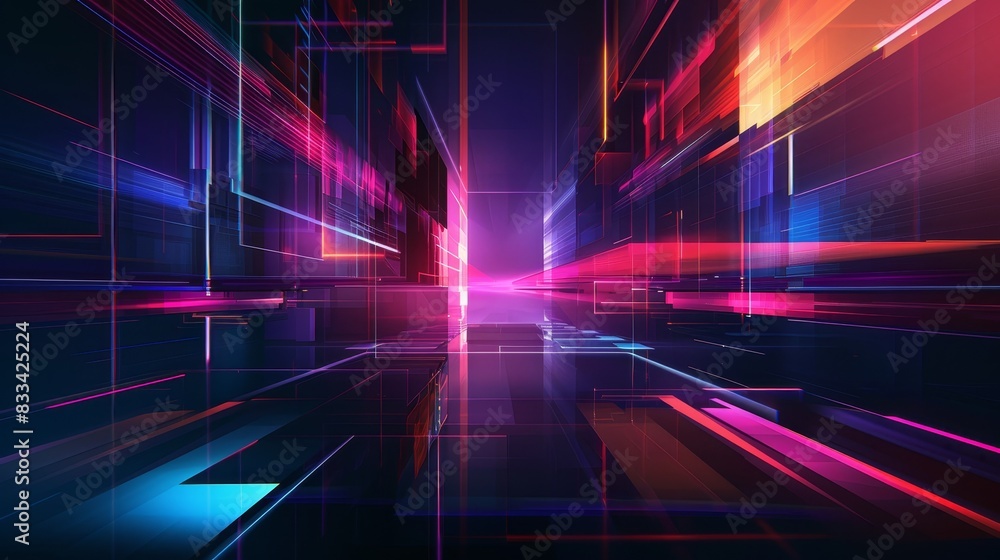 Poster abstract digital landscape with vibrant neon colors and futuristic geometric shapes, creating a sens
