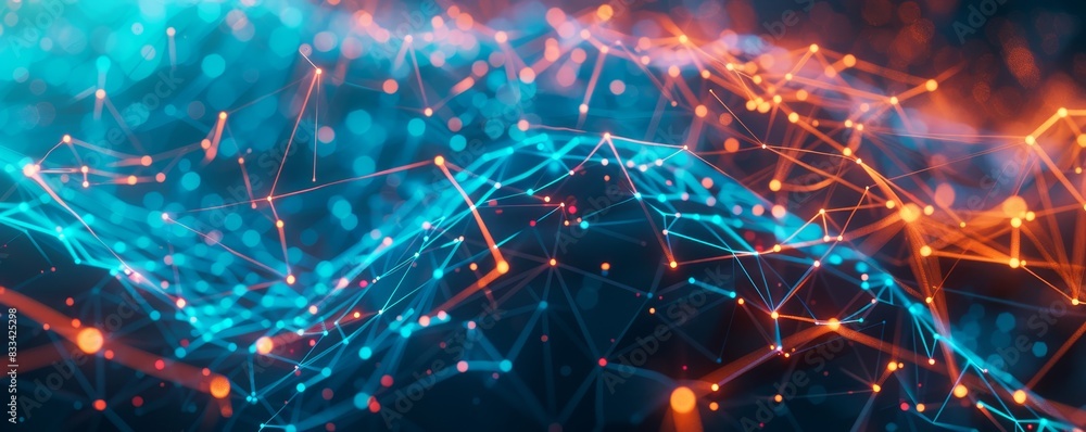Poster abstract digital network with glowing blue and orange lines and nodes, representing futuristic techn