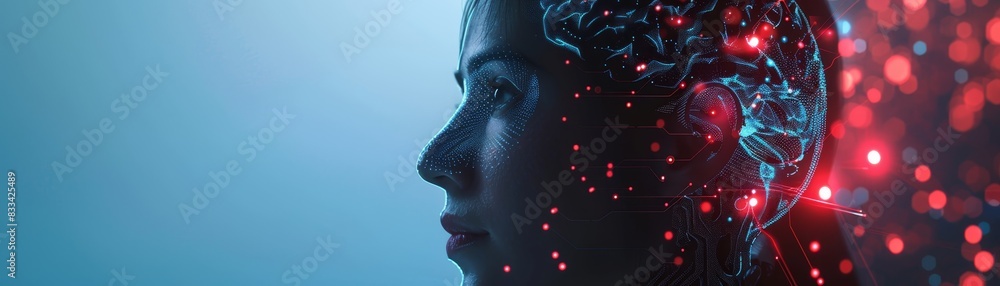 Poster abstract view of a person's brain integrated with technology, showcasing the connection between huma