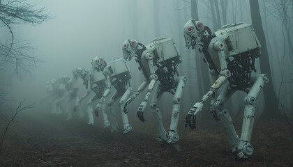 A line of humanoid robots marches through a foggy forest.