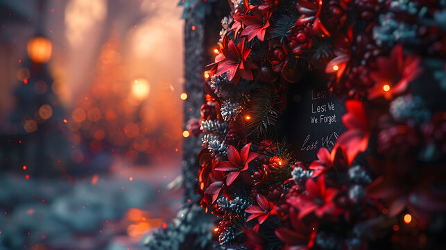closeup of a remembrance wreath with a Lest We Forget ribbon using Macro Photography and RealTime Eye AF to highlight the intricate details and somber atmosphere