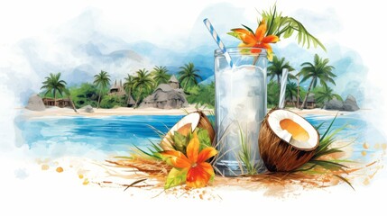 Vibrant tropical cocktail illustration with a clean background, perfect for beach themes and vacation vibes.