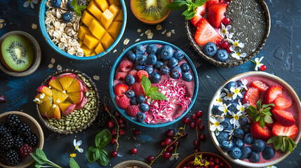 Aesthetic Flatlay of Colorful Smoothie Bowls and Fresh Fruits for Breakfast, horizontal orientation, on neutral dark surface