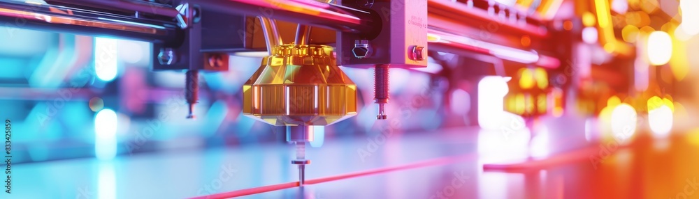 Poster close-up of a cnc machine for precision manufacturing with vibrant lights and technological componen