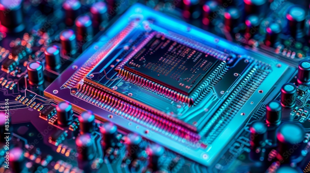 Poster close-up of a computer microchip on a circuit board, illuminated by vibrant blue and red lighting, s