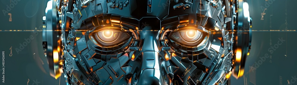 Poster close-up of a futuristic robot head with glowing eyes. high-tech cybernetic design symbolizing advan