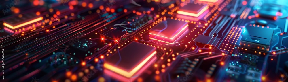 Poster close-up of a glowing circuit board with neon lights and intricate patterns, showcasing modern techn