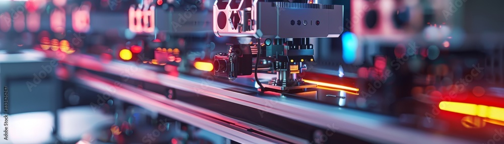 Poster close-up of an automated industrial production line with machines working in unison, displaying cutt