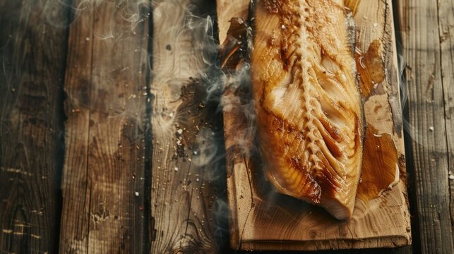A fish on a wooden cutting board with smoke, suitable for culinary or cooking related contexts