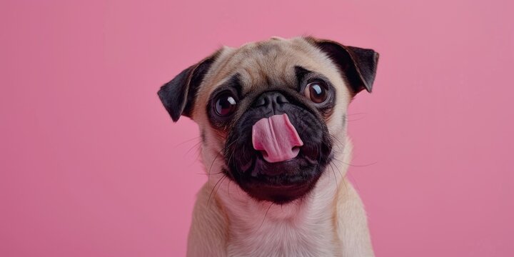 A pug dog sticks out its tongue, looking playful and adorable on a bright pink background