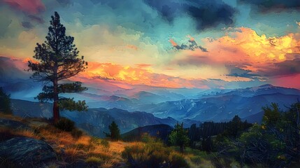 Fototapeta premium Mesmerizing Watercolor-like Landscape with Vibrant Sunset Sky and Rugged Mountain Foreground