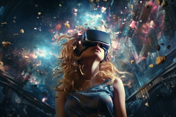 Young woman with vr headset immersed in a vibrant cosmic simulation