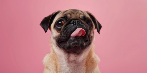 A happy pug dog showing off its tongue