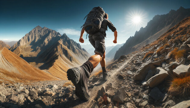  hiker with backpack walking outdoors in mountain