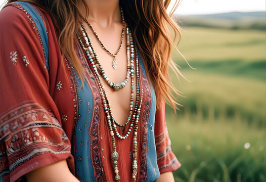 Fototapeta Naszyjniki boho z koralików szklanych oraz drewnianych i kamieni naturalnych. Elegancka hippie biżuteria na kobiecym dekolcie