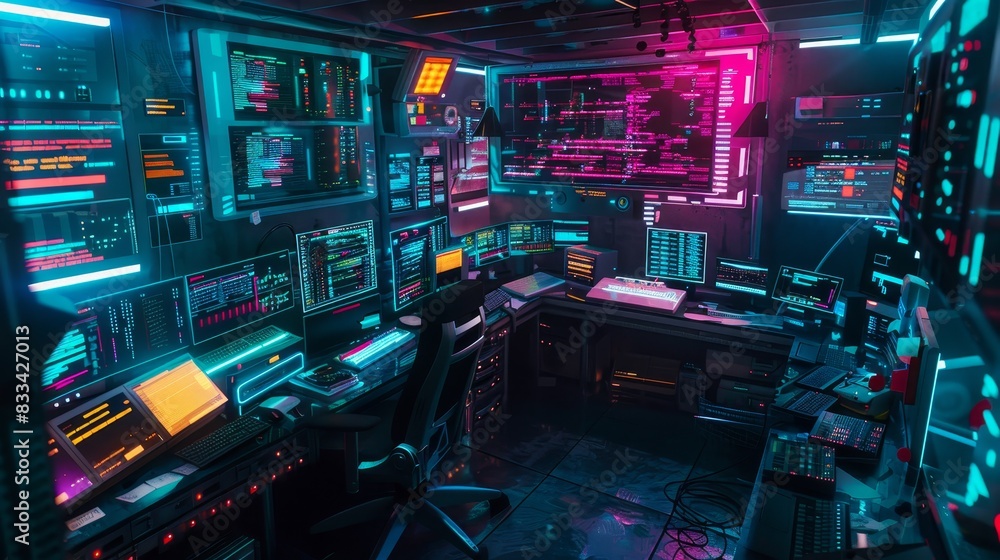 Poster futuristic computer workstation illuminated by neon lights, featuring multiple screens and high-tech