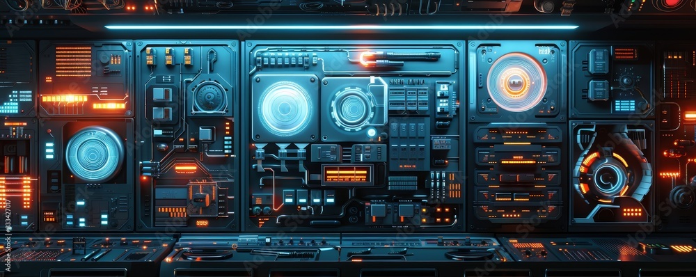 Poster futuristic control panel with glowing buttons and intricate technology, showcasing a sci-fi concept 
