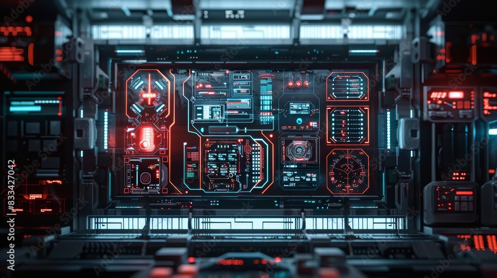 Poster futuristic control panel with glowing interfaces and cyberpunk aesthetics, showcasing advanced techn