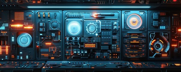 Futuristic control panel with glowing buttons and intricate technology, showcasing a sci-fi concept with advanced interfaces and high-tech elements.