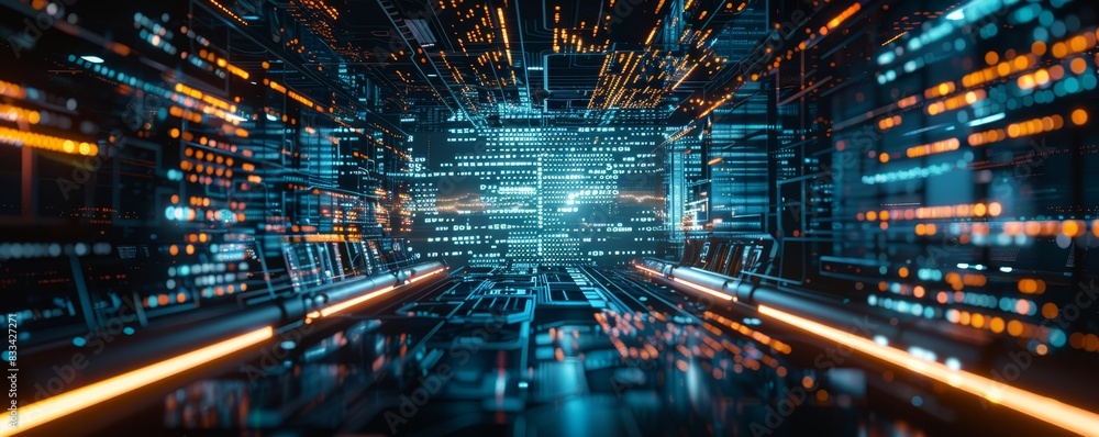 Aufkleber futuristic digital data processing technology concept with glowing lights, abstract tech background,