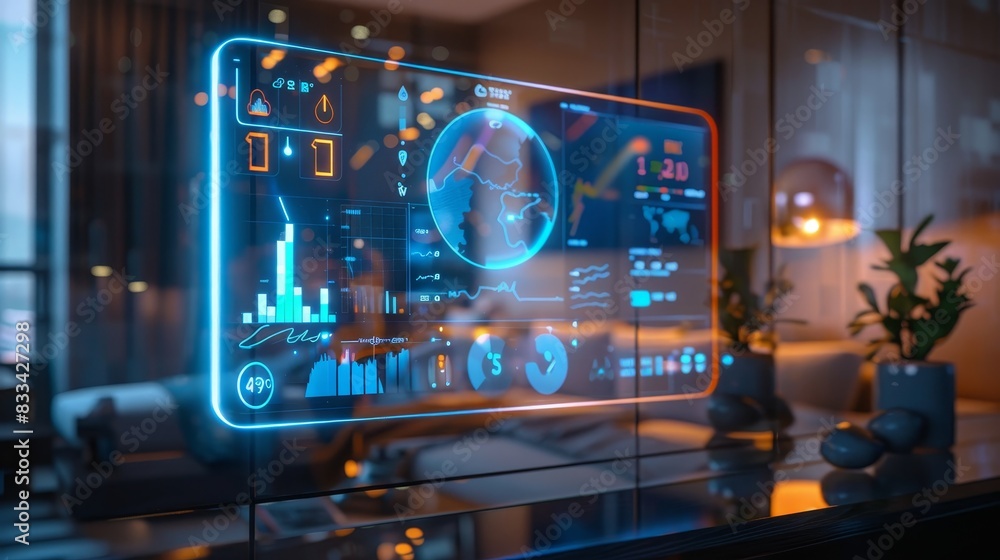 Poster futuristic digital dashboard with data visualization, illuminated by warm glowing lights, blending t