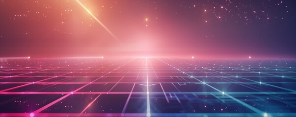 Obraz premium Futuristic digital grid landscape with vibrant colors, glowing lines, and a starry sky. Perfect for technology, sci-fi, and innovation concepts.