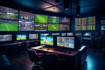 High-tech control room with multiple screens broadcasting various sports