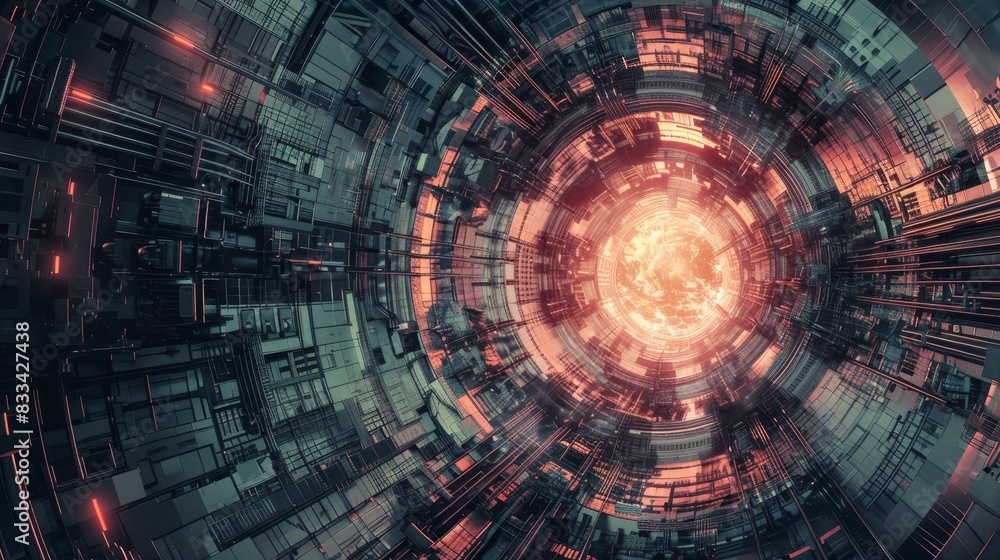 Aufkleber futuristic digital tunnel with glowing core, sci-fi cyberpunk technology, abstract 3d rendering for 