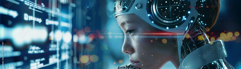 Poster futuristic female cyborg analyzing data on a digital screen, representing artificial intelligence an