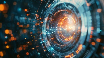 Fototapeta premium Futuristic digital technology abstract background with glowing particles and circular structures. Perfect for tech and innovation concepts.