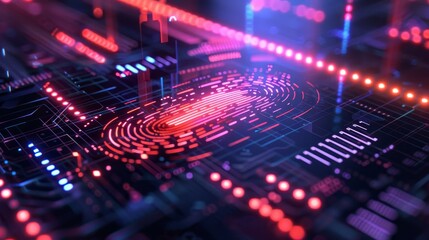 Obraz premium Futuristic glowing circuit board with intricate digital patterns and bright neon colors representing advanced technology and innovation.