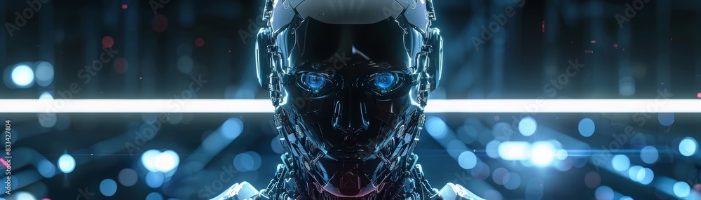 Poster futuristic robot with glowing blue eyes in a high-tech environment, showcasing advanced technology a