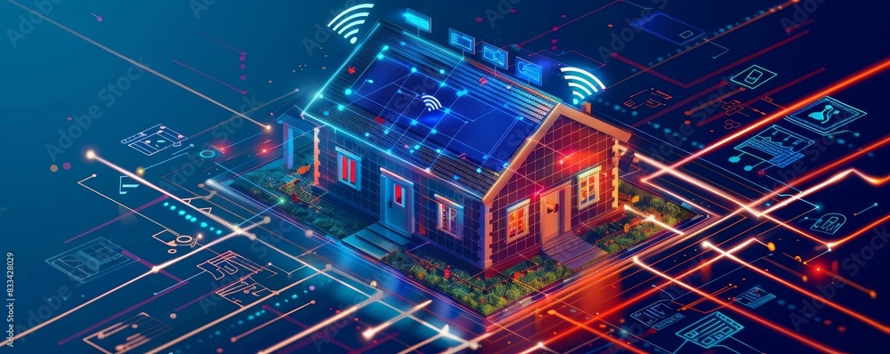 Poster futuristic smart home with glowing circuits representing advanced technology and connectivity. conce