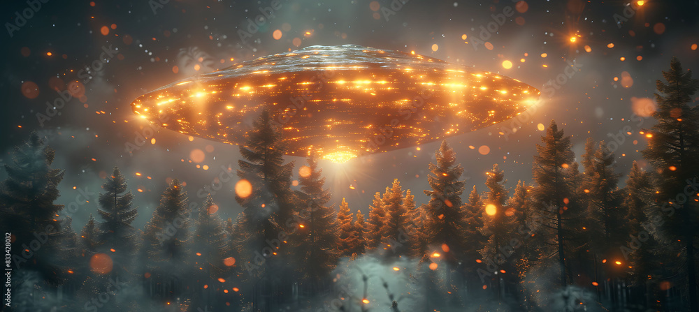 Poster closeup of unidentified flying object hovering above forest casting eerie light tree below ufo's int