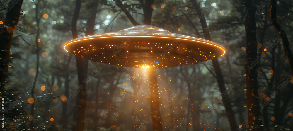 Poster closeup of unidentified flying object hovering above forest casting eerie light tree below ufo's int