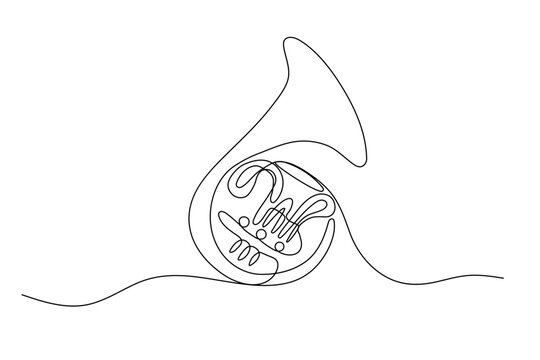 Musical tuba one line drawing, classic instrument. Continuous illustration. Vector outline sketch