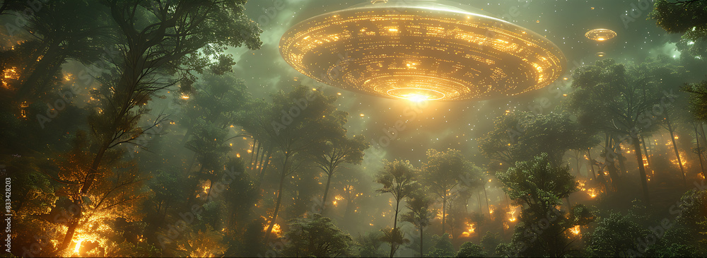 Poster closeup of unidentified flying object hovering above forest casting eerie light tree below ufo's int