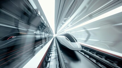 Naklejka premium High-speed futuristic train rushes through a tunnel with motion blur, showcasing advanced transportation technology.