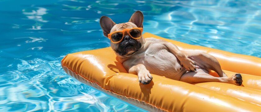 Funny animal summer holiday vacation travel photography banner background - French bulldog dog with sunglasses, lying on air mattress, relaxing chilling in the swimming pool water - Powered by Adobe