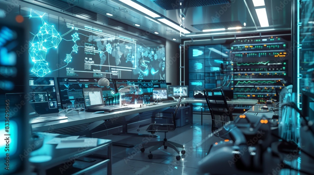Poster modern control room with advanced technology monitors and servers, showcasing a high-tech environmen