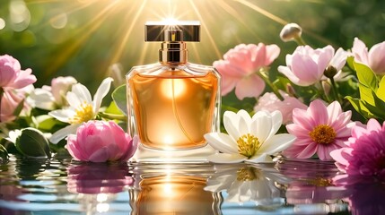 A bottle of perfume on a background of flowers, water and splashes. Sun rays